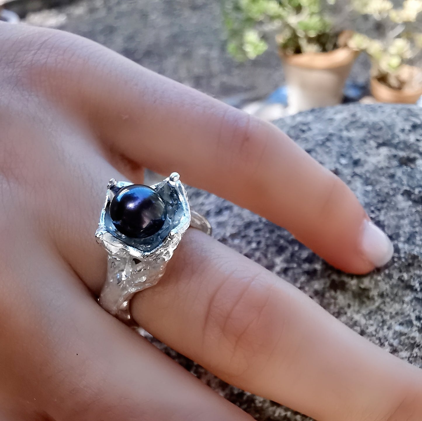 Bague nature avec perle, "Sous l'Eau"