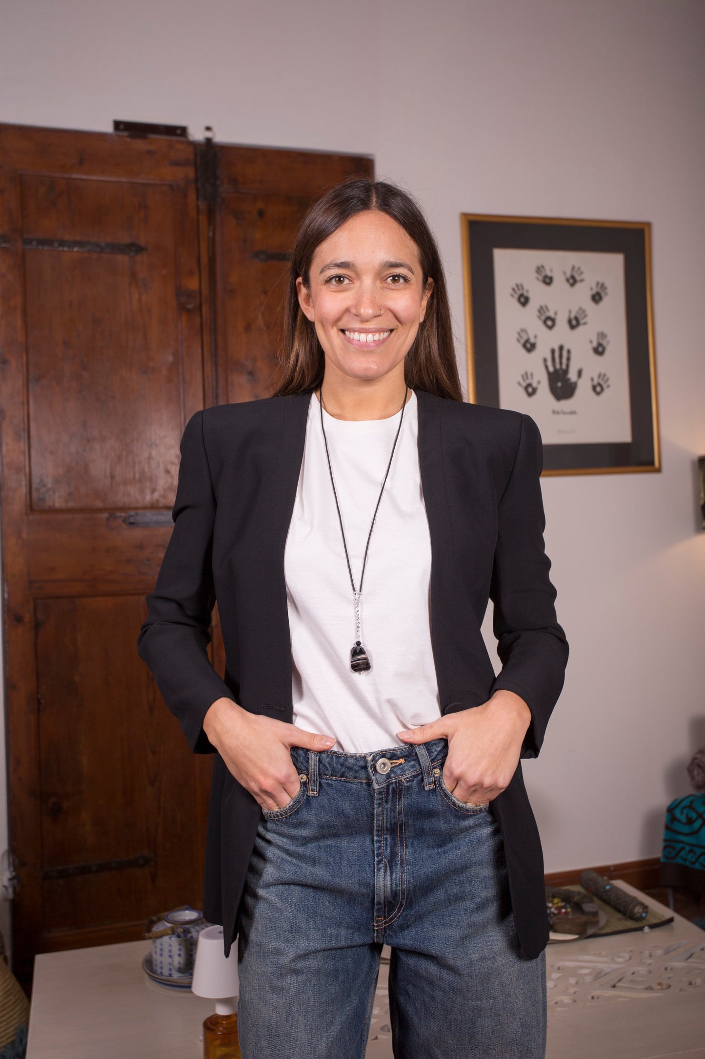 Collana con giada nera e pendente in agata striata