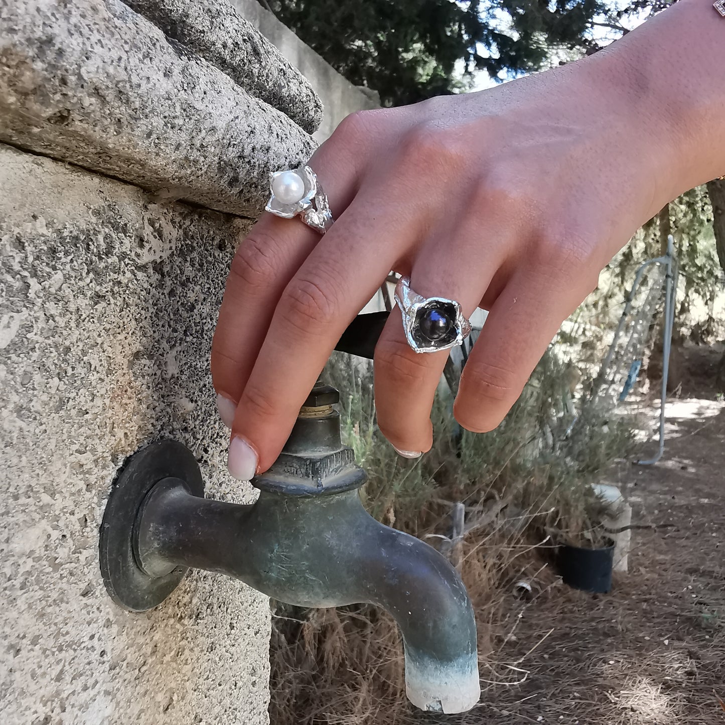 Bague nature avec perle, "Sous l'Eau"