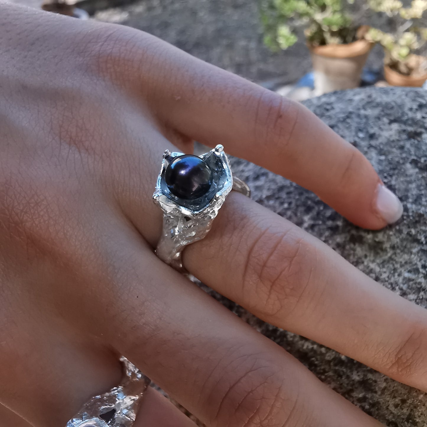 Bague nature avec perle, "Sous l'Eau"