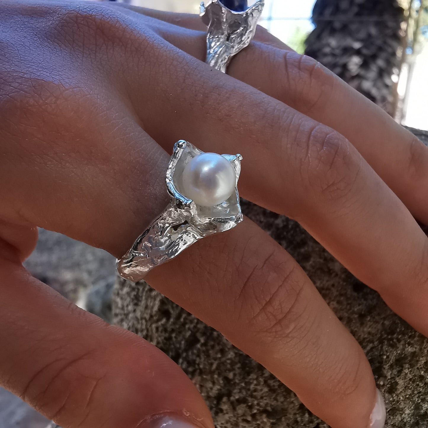 Bague nature avec perle, "Sous l'Eau"