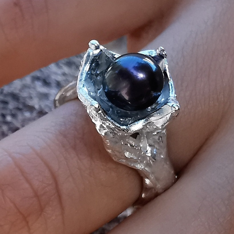 Bague nature avec perle, "Sous l'Eau"